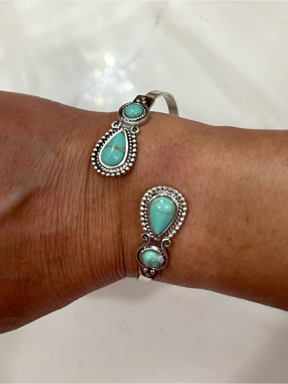 Silver Cuff Bracelet with Turquoise Teardrop Accents